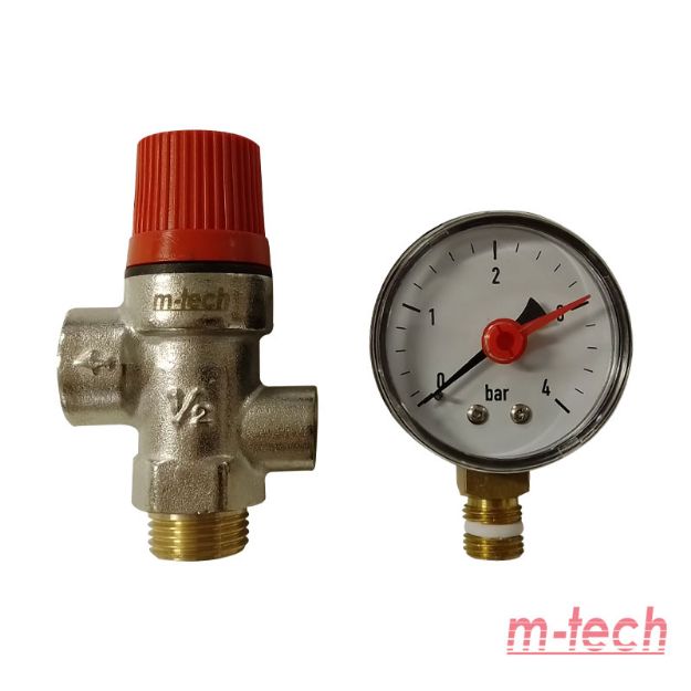 Kép m-tech UniTherm 1/2˝ * 2,5 bar biztonsági szelep fűtésre 0-4 bar nyomásmérővel