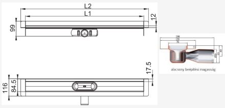 Mutassa a/az Aco Comfort zuhanyfolyóka test 685mm, gallér, alacsony részleteit Kép Aco Comfort zuhanyfolyóka test 685mm, gallér, alacsony