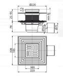 Kép AlcaPlast Padlóösszefolyó vízszintes elvezetéssel NA75/50mm, rozsdamentes ráccsal (105x105mm), vizes és száraz bűzelzáróval, két szigetelő karimával