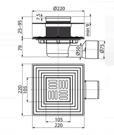 Mutassa a/az AlcaPlast Padlóösszefolyó vízszintes elvezetéssel NA75/50mm, rozsdamentes ráccsal (105x105mm), vizes és száraz bűzelzáróval, két szigetelő karimával részleteit Kép AlcaPlast Padlóösszefolyó vízszintes elvezetéssel NA75/50mm, rozsdamentes ráccsal (105x105mm), vizes és száraz bűzelzáróval, két szigetelő karimával