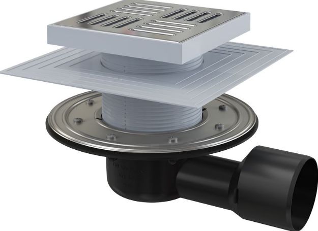 Kép AlcaPlast Padlóösszefolyó vízszintes elvezetéssel NA75/50mm, rozsdamentes ráccsal (150x150mm), vizes és száraz bűzelzáróval, két szigetelő karimával