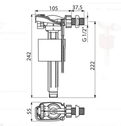 Mutassa a/az Alcaplast A150 1/2"  univerzális feltöltő szelep oldalsó részleteit Kép Alcaplast A150 1/2"  univerzális feltöltő szelep oldalsó