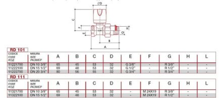 Mutassa a/az Luxor 3/4˝ RD101 kéziállítású rad.szelep, egyenes részleteit Kép Luxor 3/4˝ RD101 kéziállítású rad.szelep, egyenes
