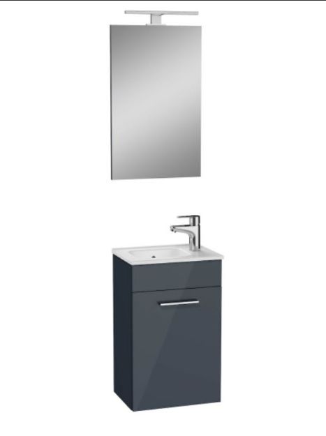 Kép Vitra Mia antracit fürdőszobaszekrény 39cmx28cm, mosdóval,tükörrel,lámpával, jobbos csaplyukkal
