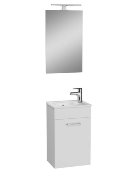 Kép Vitra Mia fehér fürdőszobaszekrény 39cmx28cm, mosdóval,tükörrel,lámpával, jobbos csaplyukkal 