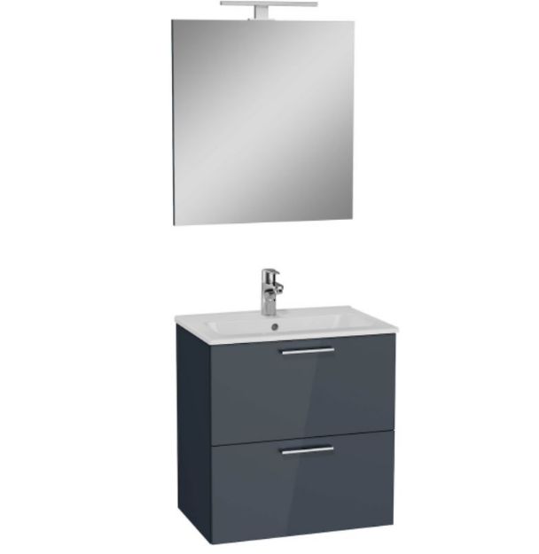 Kép Vitra Mia antraci fürdőszobaszekrény 59cmx39,5cm, mosdóval,tükörrel,lámpával, középen csaplyukkal