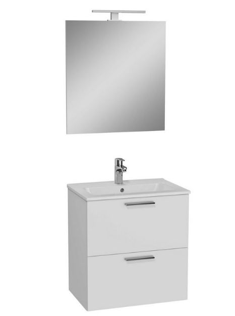 Kép Vitra Mia fehér fürdőszobaszekrény 59cmx39,5cm, mosdóval,tükörrel,lámpával, középen csaplyukkal