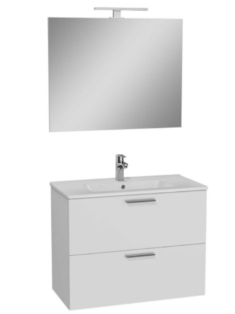 Kép Vitra Mia fehér fürdőszobaszekrény 79cmx39,5cm, mosdóval,tükörrel,lámpával, középen csaplyukkal