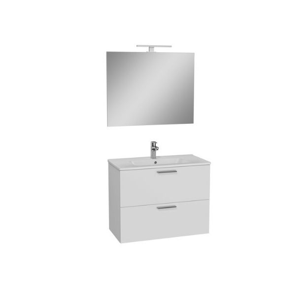 Kép Vitra Mia fényes fehér fürdőszobaszekrény 79cmx39,5cm, mosdóval,tükörrel,lámpával, középen csaplyukkal