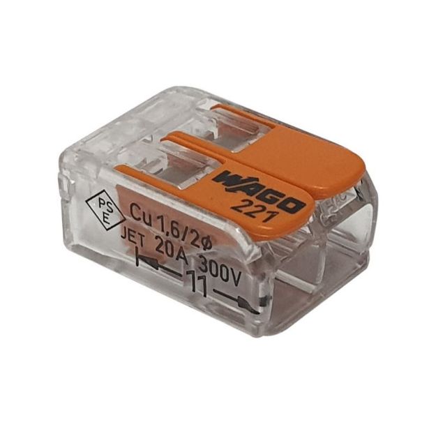 Kép WAGO vezeték összekötő, gyorscsatlakozó, rugós 2-es, átlátszó 0,2-4mm2, 32A (221-412)