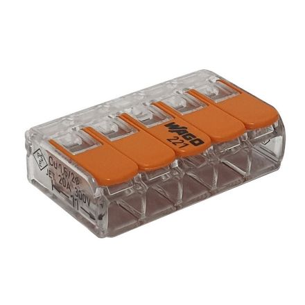Mutassa a/az WAGO vezeték összekötő, gyorscsatlakozó, rugós 5-ös, átlátszó 0,2-4mm2, 32A (221-415) részleteit Kép WAGO vezeték összekötő, gyorscsatlakozó, rugós 5-ös, átlátszó 0,2-4mm2, 32A (221-415)
