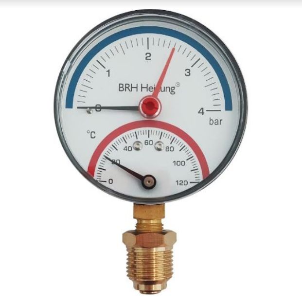Kép 0-4bar/0-120 fok, 1/2"(D80mm) alsó csatlakozású thermo-manométer