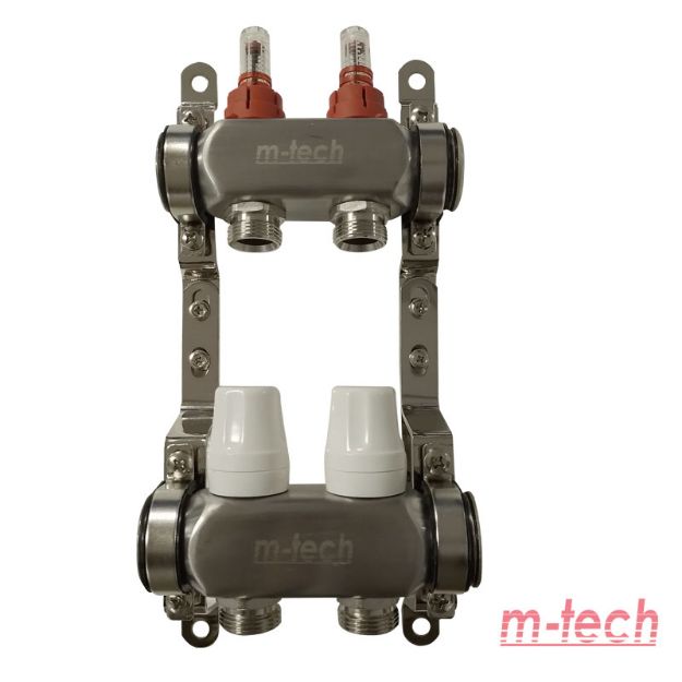 Kép m-tech UniTherm áramlásmérős INOX osztó-gyűjtő, 1"x3/4" eurokónuszos csatlakozással, 2 körös