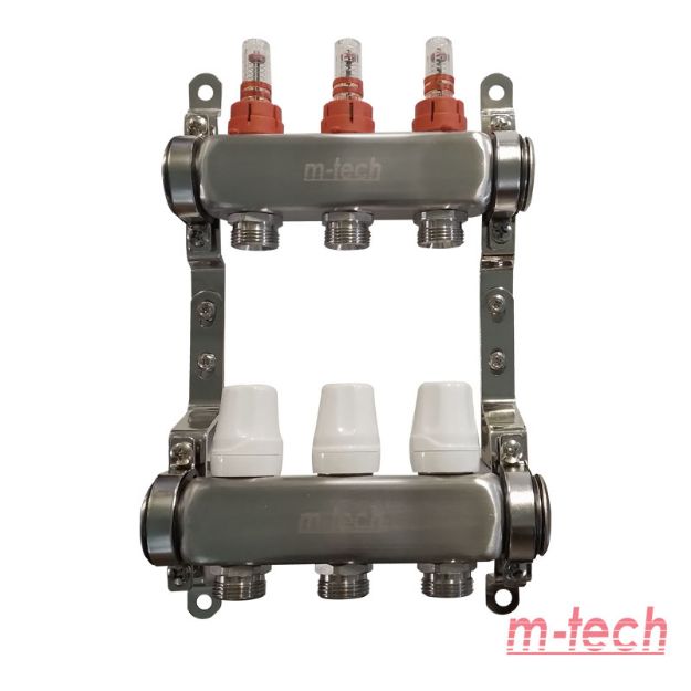 Kép m-tech UniTherm áramlásmérős INOX osztó-gyűjtő, 1"x3/4" eurokónuszos csatlakozással, 3 körös