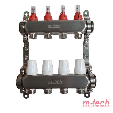 Mutassa a/az m-tech UniTherm áramlásmérős INOX osztó-gyűjtő, 1" 3/4" eurokónuszos csatlakozással, 4 körös részleteit Kép m-tech UniTherm áramlásmérős INOX osztó-gyűjtő, 1" 3/4" eurokónuszos csatlakozással, 4 körös