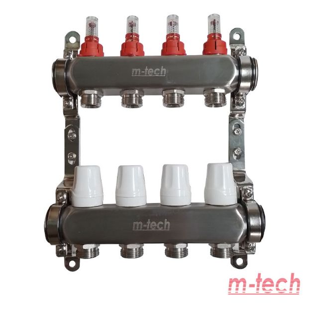 Kép m-tech UniTherm áramlásmérős INOX osztó-gyűjtő, 1" 3/4" eurokónuszos csatlakozással, 4 körös