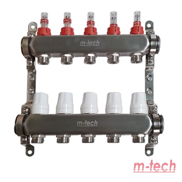 Kép m-tech UniTherm áramlásmérős INOX osztó-gyűjtő, 1" 3/4" eurokónuszos csatlakozással, 5 körös