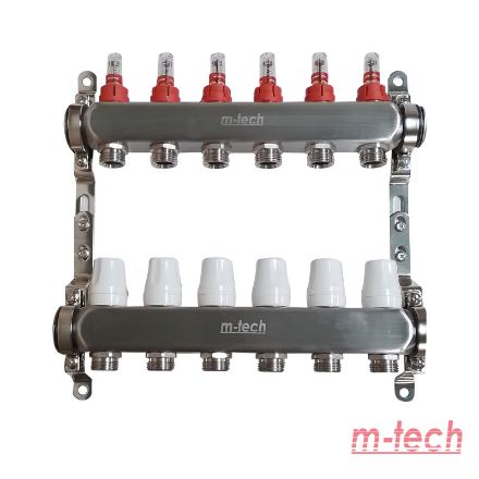 Mutassa a/az m-tech UniTherm áramlásmérős INOX osztó-gyűjtő, 1" 3/4" eurokónuszos csatlakozással, 6 körös részleteit Kép m-tech UniTherm áramlásmérős INOX osztó-gyűjtő, 1" 3/4" eurokónuszos csatlakozással, 6 körös