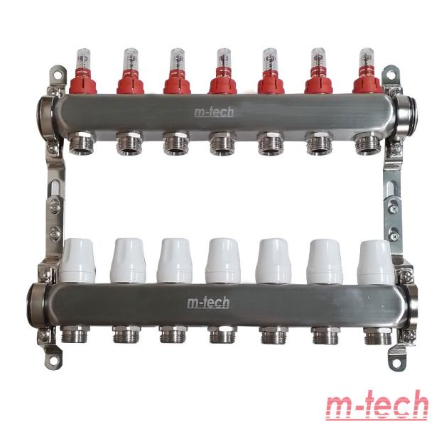 Kép m-tech UniTherm áramlásmérős INOX osztó-gyűjtő, 1" 3/4" eurokónuszos csatlakozással, 7 körös