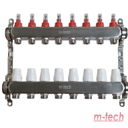Mutassa a/az m-tech UniTherm áramlásmérős INOX osztó-gyűjtő, 1" 3/4" eurokónuszos csatlakozással, 8 körös részleteit Kép m-tech UniTherm áramlásmérős INOX osztó-gyűjtő, 1" 3/4" eurokónuszos csatlakozással, 8 körös