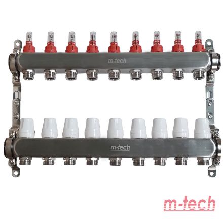 Mutassa a/az m-tech UniTherm áramlásmérős INOX osztó-gyűjtő, 1" 3/4" eurokónuszos csatlakozással, 9 körös részleteit Kép m-tech UniTherm áramlásmérős INOX osztó-gyűjtő, 1" 3/4" eurokónuszos csatlakozással, 9 körös