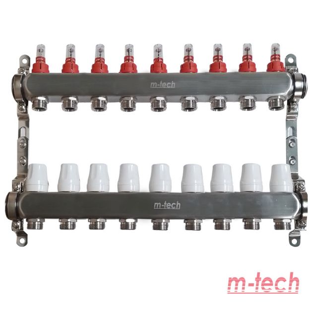Kép m-tech UniTherm áramlásmérős INOX osztó-gyűjtő, 1" 3/4" eurokónuszos csatlakozással, 9 körös
