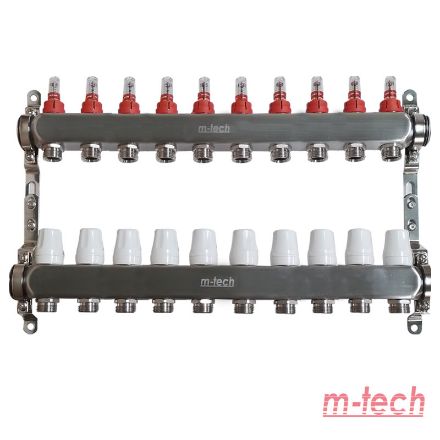 Mutassa a/az m-tech UniTherm áramlásmérős INOX osztó-gyűjtő, 1" 3/4" eurokónuszos csatlakozással, 10 körös részleteit Kép m-tech UniTherm áramlásmérős INOX osztó-gyűjtő, 1" 3/4" eurokónuszos csatlakozással, 10 körös