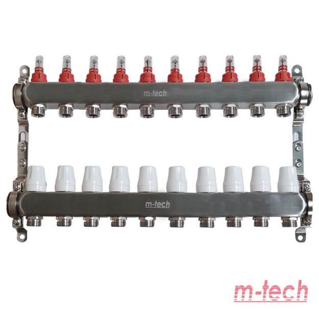 Kép m-tech UniTherm áramlásmérős INOX osztó-gyűjtő, 1" 3/4" eurokónuszos csatlakozással, 10 körös