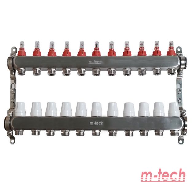 Kép m-tech UniTherm áramlásmérős INOX osztó-gyűjtő, 1" 3/4" eurokónuszos csatlakozással, 11 körös
