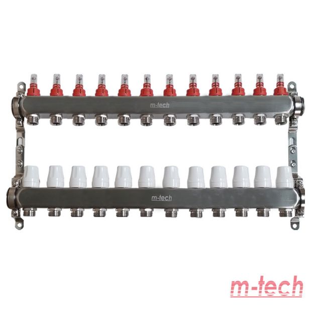 Kép m-tech UniTherm áramlásmérős INOX osztó-gyűjtő, 1" 3/4" eurokónuszos csatlakozással, 12 körös