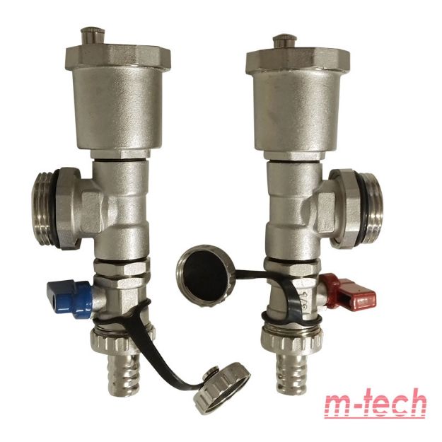 Kép m-tech UniTherm osztóvégelem automata légtelenítővel és töltő-ürítőcsappal, sárgaréz, krómozott, öntömítő, 1" (párban)