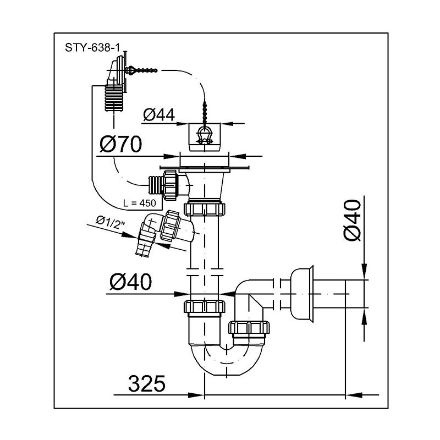 Mutassa a/az Styron 638-1 csőszifon 40 mm -es elfolyással, leeresztőszeleppel, mosogatógép csatlakozással részleteit Kép Styron 638-1 csőszifon 40 mm -es elfolyással, leeresztőszeleppel, mosogatógép csatlakozással