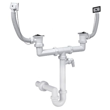 Mutassa a/az Styron 639-1 kétmedencés csőszifon 40 mm-es elfolyással, 2 darab leeresztőszeleppel, 2 darab szögletes túlfolyóval, mosogatógép csatlakozóval részleteit Kép Styron 639-1 kétmedencés csőszifon 40 mm-es elfolyással, 2 darab leeresztőszeleppel, 2 darab szögletes túlfolyóval, mosogatógép csatlakozóval