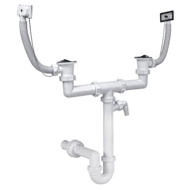 Kép Styron 639-1 kétmedencés csőszifon 40 mm-es elfolyással, 2 darab leeresztőszeleppel, 2 darab szögletes túlfolyóval, mosogatógép csatlakozóval