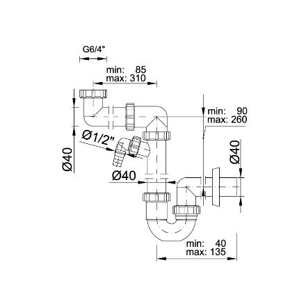 Mutassa a/az Styron Helytakarékos csőszifon, mosógép csatlakozóval, leeresztőszelep nélkül, Ø40 mm-es elfolyással részleteit Kép Styron Helytakarékos csőszifon, mosógép csatlakozóval, leeresztőszelep nélkül, Ø40 mm-es elfolyással
