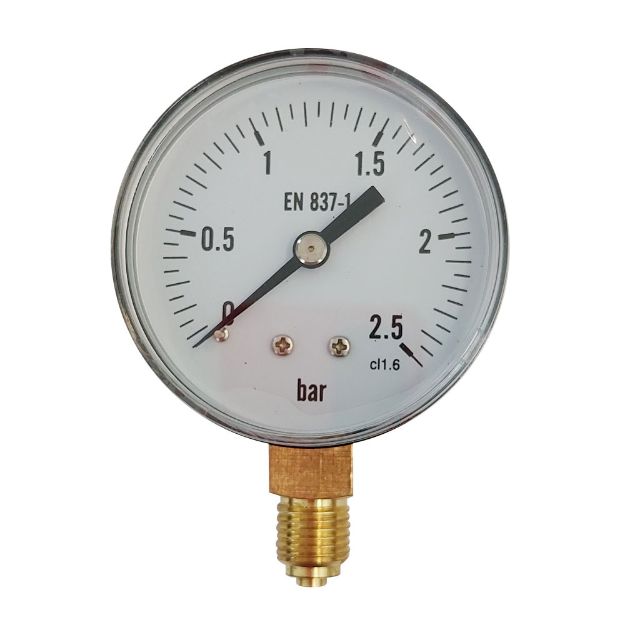 Kép KEDE 0-2,5 bar, 1/4˝ (D63mm) alsó csatlakozású nyomásmérő, fém házban
