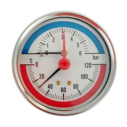 Mutassa a/az KEDE 0-6 bar / 0-120°C, 1/2˝ hátsó csatlakozású thermo-manométer, D80mm részleteit Kép KEDE 0-6 bar / 0-120°C, 1/2˝ hátsó csatlakozású thermo-manométer, D80mm