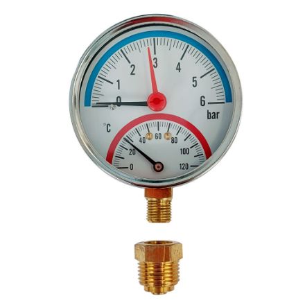 Mutassa a/az KEDE 0-6 bar / 0-120°C, 1/2˝ alsó csatlakozású thermo-manométer, D80mm, fém házban részleteit Kép KEDE 0-6 bar / 0-120°C, 1/2˝ alsó csatlakozású thermo-manométer, D80mm, fém házban