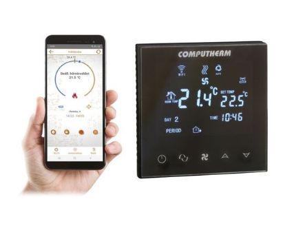 Mutassa a/az Computherm E300FC, Wi-Fi fan-coil termosztát, 2 és 4 csöves rendszerekhez fekete részleteit Kép Computherm E300FC, Wi-Fi fan-coil termosztát, 2 és 4 csöves rendszerekhez fekete