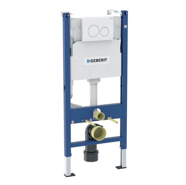 Kép Geberit Duofix fali WC-szerelőelem, 112cm, Delta 12 cm-es falsík alatti öblítőtartállyal, Delta20 fehér színű működtetőlappal