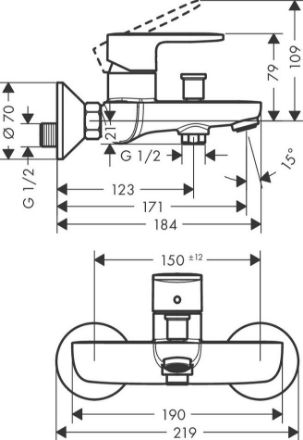 Mutassa a/az Hansgrohe Vernis Blend egykaros kádcsaptelep falsíkon kívüli szereléshez, króm részleteit Kép Hansgrohe Vernis Blend egykaros kádcsaptelep falsíkon kívüli szereléshez, króm