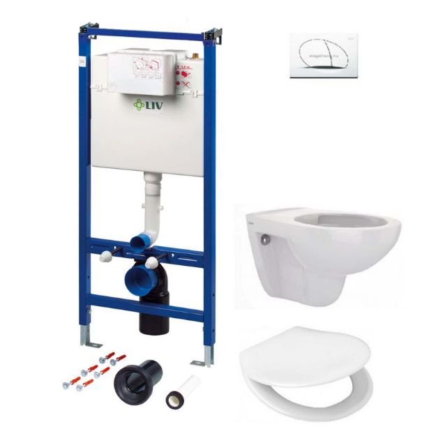 Kép LIV fali WC SZETT (LIV-FIX 9012 (333006) szerelőelem + Selenite-Eco fehér nyomólap + Sydney perem nélküli fali WC (9100901726) + Capella WC ülőke