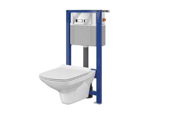 Kép Cersanit 878 AQUA fali WC SZETT (AQUA 22 szerelőelem + MOVI fényes króm nyomólap + CARINA perem nélküli fali WC + lecsapódásgátlós duroplast ülőke)