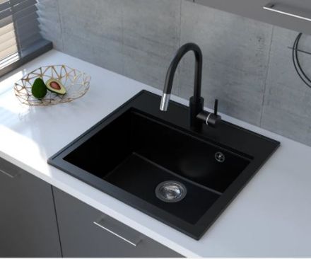 Mutassa a/az Mofém Zenit 1B 560x510mm (1 medence) beépíthető metál fekete gránit mosogató szifoncsomaggal részleteit Kép Mofém Zenit 1B 560x510mm (1 medence) beépíthető metál fekete gránit mosogató szifoncsomaggal