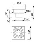 Kép Styron Épített zuhanytálcához lefolyószelep DN50mm, 100 x 100mm rozsdamentes ráccsal, függőleges