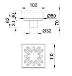 Kép Styron Épített zuhanytálcához szifon DN32mm, 100 x 100mm alsós rozsdamentes ráccsal