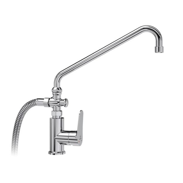 Kép Mofém Hello álló KMT csaptelep, zuhanyszettel (Hello kézizuhannyal és fali tartóval, 1500mm Silver Design gégecsővel)