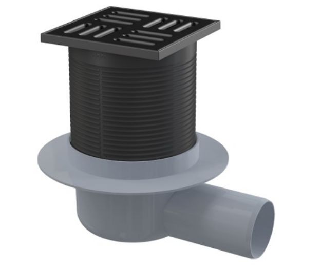Kép Alcaplast Padlóösszefolyó vízszintes elvezetéssel NA50, rozsdamentes rács, fekete-matt (105x105mm), kombinált SMART bűzzár