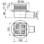 Kép AlcaPlast Padlóösszefolyó vízszintes elvezetéssel NA50, alacsony (77mm) beépítési magassággal, rozsdamentes ráccsal (105x105mm), vizes bűzelzáróval