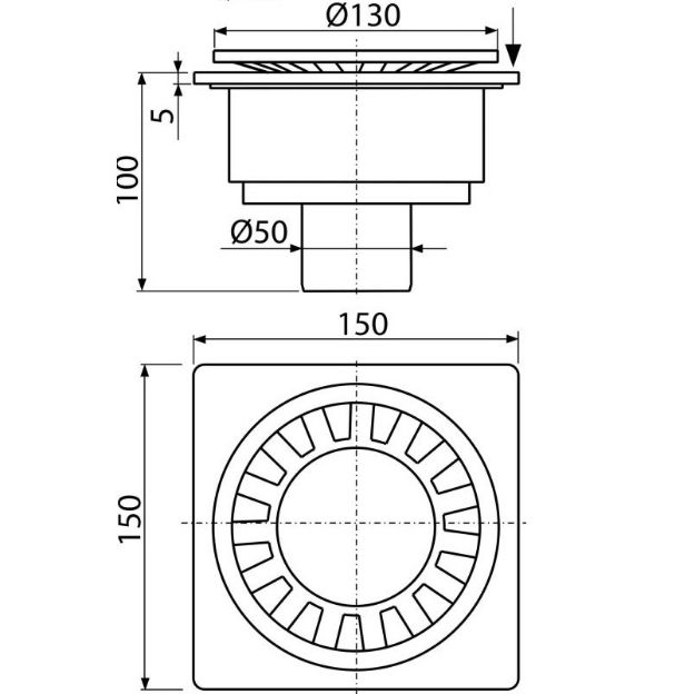 Kép AlcaPlast APV-16 Padló lefolyó 150 × 150/50, fehér